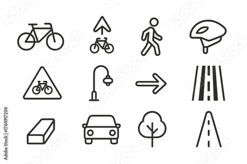 Green Transport Icons. Green transport. Line icon set of green transport: bicycle, bike lane marking, pedestrian, helmet, traffic sign, street light, arrow,