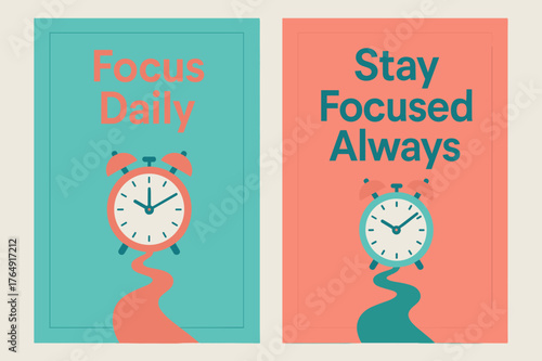 Focus and Concentration Banners. Focus daily. Two vertical A6 banners with safe margins, centered composition, no elements touching edges, modern, turquoise