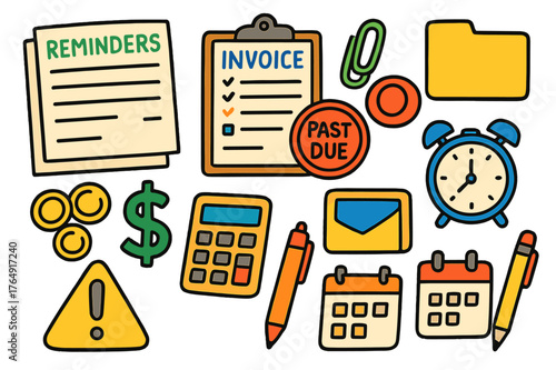 Financial Reminder Doodles. financial reminders. Colorful Hand-drawn doodle Children illustration financial reminders paper stack, invoice sheet, red stamp,