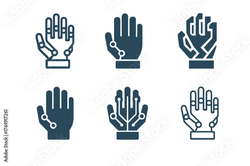 Exoskeleton Glove Logos. Robotic assistants. Set Logo of Robotic assistants: Exoskeleton glove assist. harmonious logo variations of the same emblematic