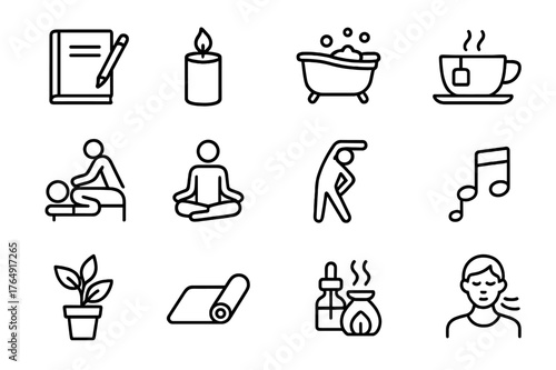 Self-Care Icons Grid. Self-care routine. Line icon set of self-care routine: journal, candle, hot bath, tea cup, massage, meditation pose, stretching, music,