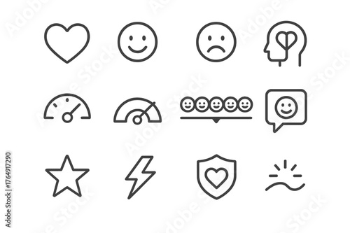 Emotion-Driven Icon Set. Emotion-Driven Design. Line icon set of Emotion-Driven Design: heart, smile, frown, empathy map, mood gauge, emotion scale, feedback