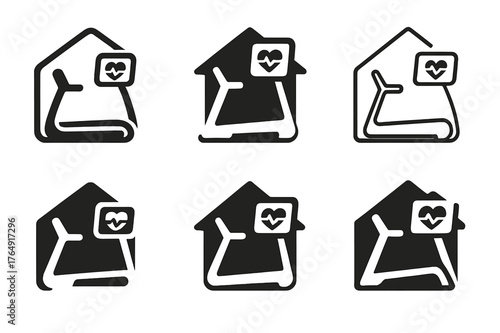Smart Fitness Logos. Smart home fitness equipment. Set Logo of Smart home fitness equipment: smart treadmill with heart-rate display. Icon set. harmonious logo