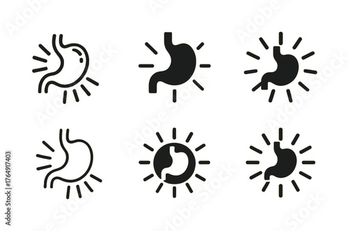 Digestive Energy Logos. Food digestion in the body. Set Logo of energy release: stomach emitting radiant waves. Icon set. harmonious logo variations of the
