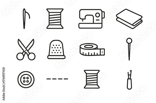 Sewing Essentials Icons. Sewing essentials. Line icon set of sewing essentials: needle, thread, sewing machine, fabric fold, scissors, thimble, measuring tape,