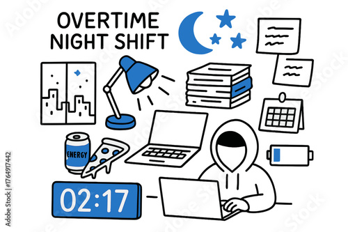 Overnight Work Doodle. // Overtime night shift. Hand-drawn doodle illustration Overtime night shift [moon & stars (accented), desk lamp (accented), laptop,