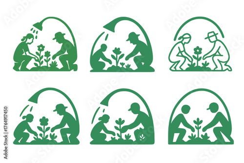 Gardening Logo Variations. Gardeners planting flowers and shrubs. Set Logo of Gardeners planting flowers and shrubs: watering can creating arc over flowerbed.
