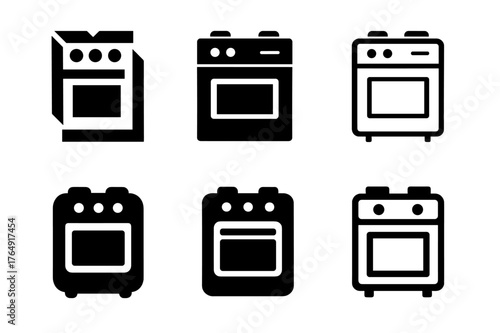 Electric Oven Logos. Replacing kitchen appliances (oven, fridge). Set Logo of electric oven: harmonious logo variations of the same emblematic concept, each