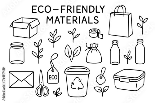 Eco-Friendly Doodle Icons. Eco-Friendly Materials. Hand-drawn doodle illustration Eco-Friendly Materials cardboard box, paper bag, glass jar, plant, leaves,