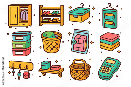 Colorful Storage Icons. Home organization storage. Colorful isometric vector icons set of Home organization storage: wardrobe, shoe rack, under-bed box,