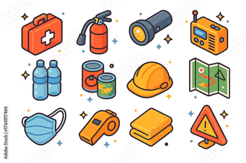 Emergency Kit Essentials. Disaster readiness. Colorful isometric vector icons set of disaster readiness: first aid kit, fire extinguisher,