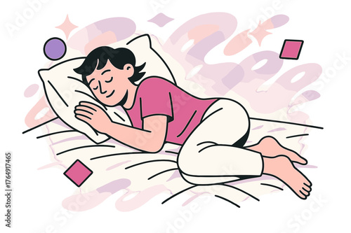 Cozy on Fresh Sheets. Enjoying the Feeling of Fresh Sheets on the Bed. Person lying sideways on crisp sheets with floating abstract geometric shapes and soft
