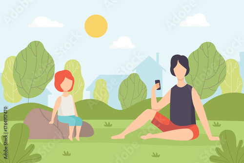Man with Kid at Nature Enjoy Outdoor Activity Vector Illustration