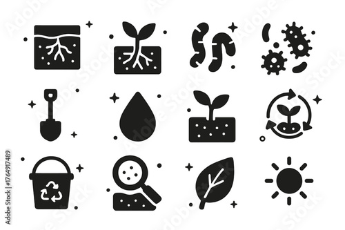 Soil Health Icons. Soil Health. Solid icons set of Soil Health: soil profile, root system, worms, microorganisms, shovel, droplet, plant sprout, nutrient