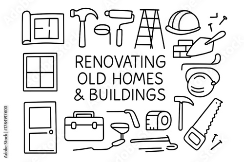 Renovation Doodle Icons. Renovating old homes and buildings. Hand-drawn doodle illustration renovating old homes and buildings blueprint, hammer, paint roller,