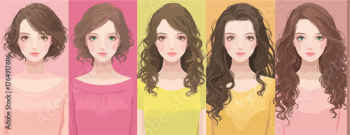 다양한 길이와 스타일의 여성 헤어스타일을 보여주는 매력적인 일러스트레이션으로, 개인의 아름다움과 변화를 탐구합니다.
