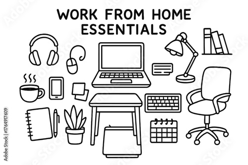 Home Office Doodles. Work From Home Essentials. Hand-drawn doodle illustration Work From Home Essentials laptop, desk, chair, lamp, headphones,