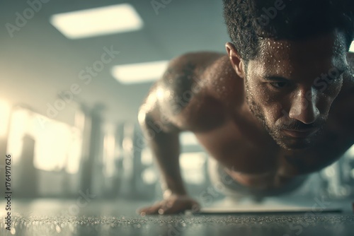 Wallpaper Mural A determined man performing intense push-ups during a challenging workout session in a gym. Torontodigital.ca