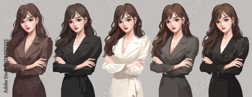 다양한 색상의 정장을 입고 팔짱을 낀 채 당당하게 서 있는 젊고 세련된 비즈니스 우먼 캐릭터의 벡터 일러스트레이션으로, 현대적인 직장 여성의 전문성과 자신감을 표현하며, 다양한 비즈니스 관련 디자인 프로젝트에 활용될 수 있습니다.