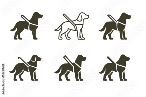 Guide Dog Logos. Guide dogs and service animals. Set Logo of Guide dogs and service animals: mobility assistance dog silhouette. harmonious logo variations of