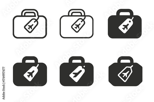 Travel Vanity Logos. cosmetic bag. Set Logo of cosmetic bag: travel vanity case with airplane tag. Icon set. harmonious logo variations of the same emblematic