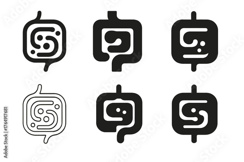 Gut Health Logos. Food digestion in the body. Set Logo of gut health: abstract intestine spiral with balance dots. Icon set. harmonious logo variations of the