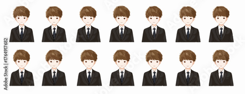 단정한 정장을 입은 젊은 남성 캐릭터들이 반복적으로 배열된 벡터 일러스트레이션으로, 다양한 비즈니스 및 교육 관련 콘텐츠에 활용하기 좋은 통일된 이미지를 제공합니다.