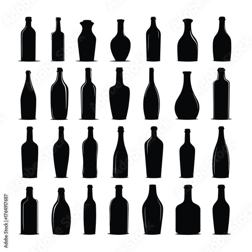 Collection of diverse bottle silhouettes in black and white isolated on white background