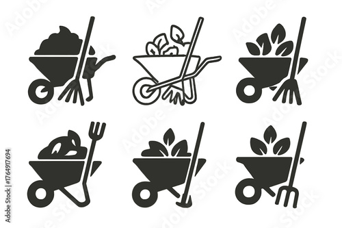 Harmonious Leaf Logos. Raking leaves. Set Logo of wheelbarrow of leaves: harmonious logo variations of the same emblematic concept, each with different
