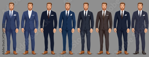 다양한 비즈니스 상황에 어울리는 세련된 디자인과 색상의 남성 정장 아바타들이 전문성과 현대적인 기업 이미지를 효과적으로 전달하는 벡터 일러스트레이션입니다.