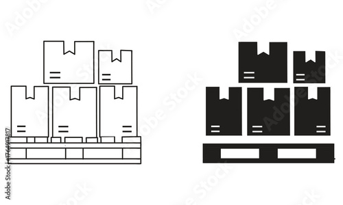 Minimalist shipping pallet icon set with stacked boxes, outline and solid silhouette style, black and white vector design