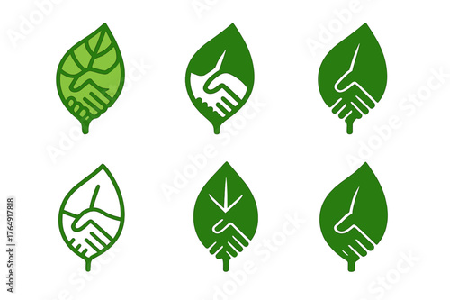 Green Partnership Logos. Green economy. Set Logo of green partnership: handshake forming leaf shape. Icon set. harmonious logo variations of the same