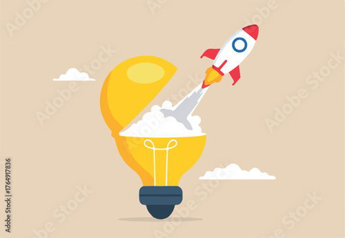 Flat illustration of rocket launch from opening lightbulb breakthrough new idea entrepreneurship success innovation startup creativity begin business