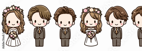 귀여운 만화 스타일의 신랑 신부 캐릭터들이 행복한 결혼식을 상징하며 나란히 서 있는 사랑스러운 벡터 일러스트레이션입니다.