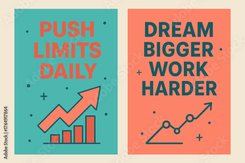 Motivational Banners. Push limits daily. Two vertical A6 banners with safe margins, centered composition, no elements touching edges, modern, turquoise and