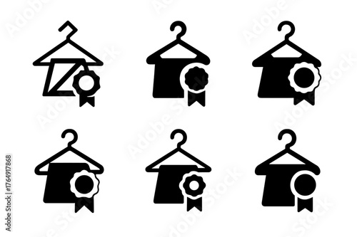 New Arrival Logos. New arrivals display. Set Logo of New arrivals display: hanger with garment and ribbon badge. Icon set. harmonious logo variations of the