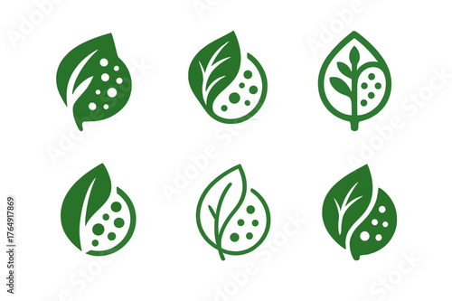 Ecological Fusion Logos. The ethics of cloning and creating synthetic organisms. Set Logo of ecological impact: cell and leaf fusion. Icon set. harmonious logo