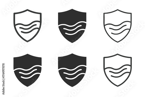 Firewall Logo Variations. Data protection and encryption technologies. Set Logo of firewall: layered barrier with data wave. Icon set. harmonious