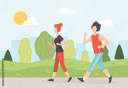 Man and Woman Running at Nature Enjoy Outdoor Activity Vector Illustration