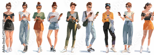 다양한 젊은 여성들이 스마트폰에 몰두하여 현대 디지털 소통과 청년 문화를 생생하게 보여주는 벡터 일러스트레이션.