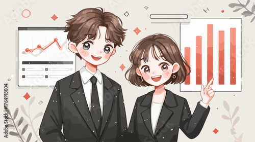 밝은 미소를 지닌 젊은 비즈니스 전문가 두 명이 디지털 차트와 함께 미래 지향적인 비즈니스 성장을 상징하며, 성공적인 협업과 혁신적인 아이디어를 표현하고 있습니다.