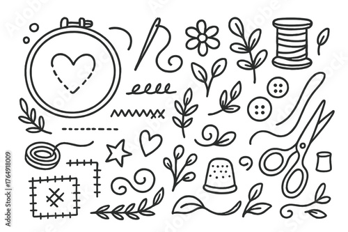 Embroidery Essentials Icons. Embroidery patterns. Hand-drawn doodle illustration embroidery patterns hoop, needle, thread, flower, heart, leaf, swirl, stitch
