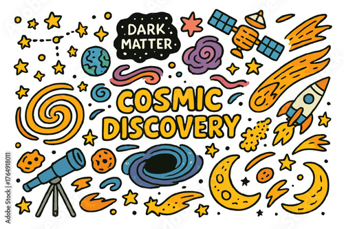 Cosmic Cartoon Adventure. cosmic discovery. Colorful Hand-drawn doodle Children illustration cosmic discovery dark matter, galaxy, stars, planets, black hole,