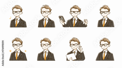 안경을 쓴 비즈니스맨 캐릭터가 다양한 표정과 행동으로 소통하며 업무를 처리하는 모습을 담은 벡터 일러스트레이션 세트입니다.