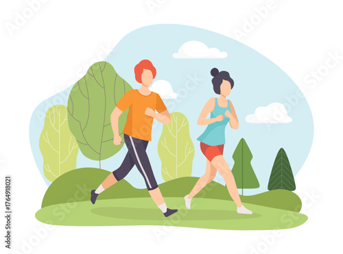Man and Woman Running at Nature Enjoy Outdoor Activity Vector Illustration