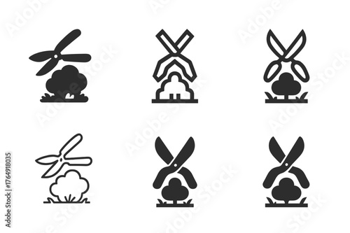 Gardeners Logo Variations. Gardeners planting flowers and shrubs. Set Logo of Gardeners planting flowers and shrubs: pruning shears shaping a small bush. Icon