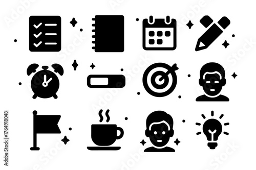 Task Management Icons. Task Management. Solid icons set of Task Management: checklist, notebook, pen, calendar, alarm clock, progress bar, target, stopwatch,