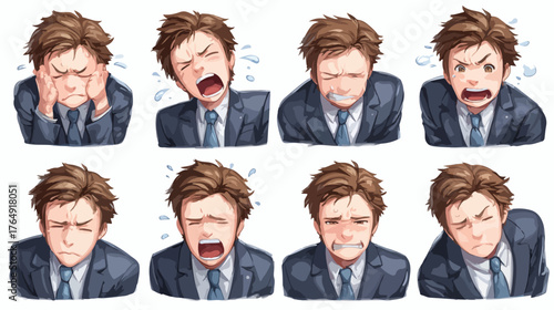 현대 사회를 살아가는 남성 비즈니스맨이 겪는 스트레스, 좌절, 분노, 슬픔 등 복합적인 부정적 감정을 섬세하게 표현한 여덟 가지 얼굴 표정 벡터 일러스트레이션 컬렉션.