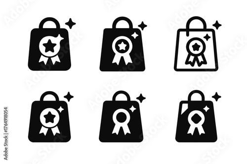 Creative Logo Variations. New arrivals display. Set Logo of New arrivals display: shopping bag with ribbon badge and sparkles. Icon set. harmonious logo