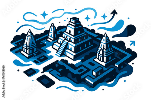 Dynamic Temple Illustration. Ancient temples. Aerial view of temple complex with abstract floating lines and sparkles; emphasizes scale, history, and cultural